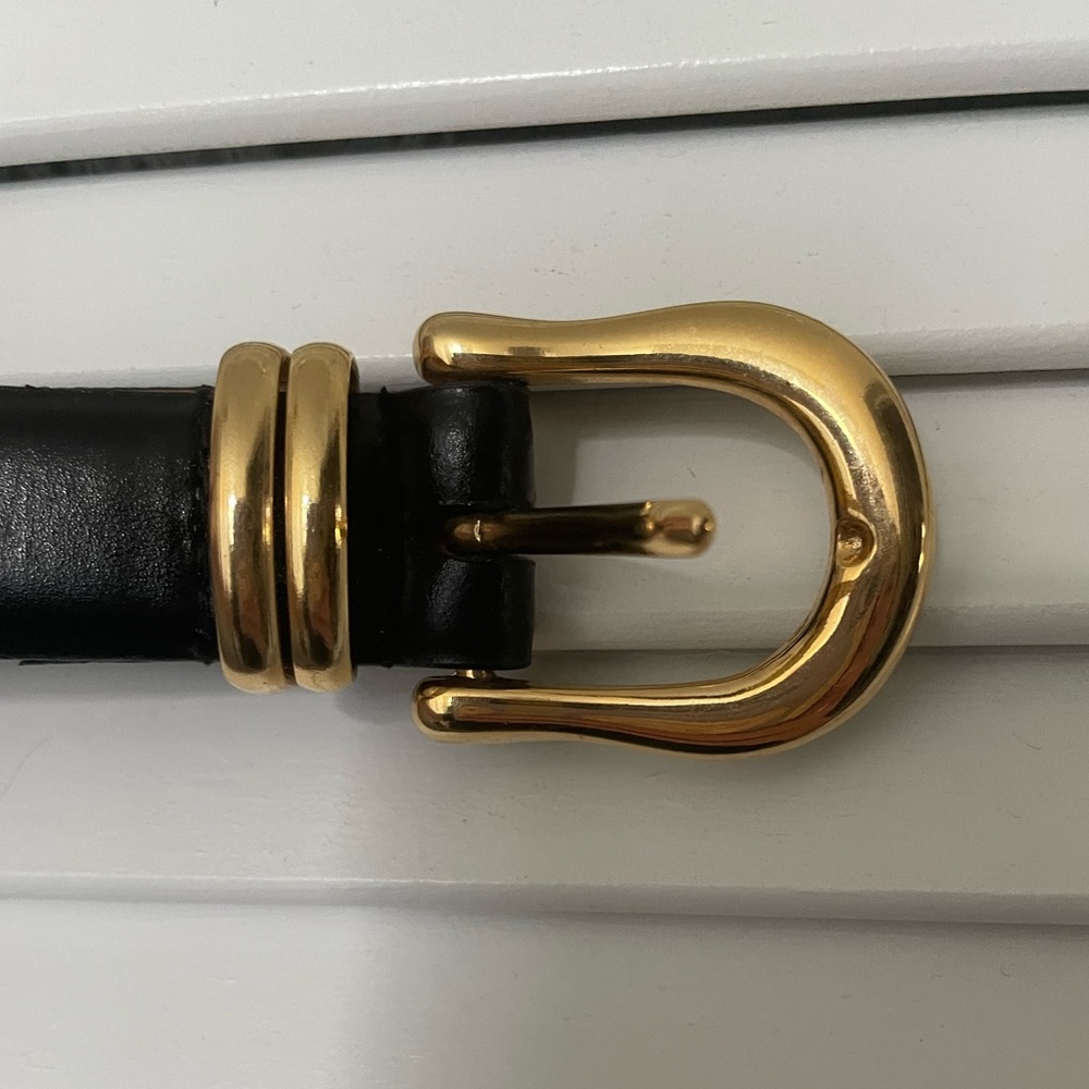 Excellent unused XL black leather belt, gold tone buckle NWOT 39” strap